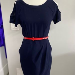 Navy blue dress with red belt